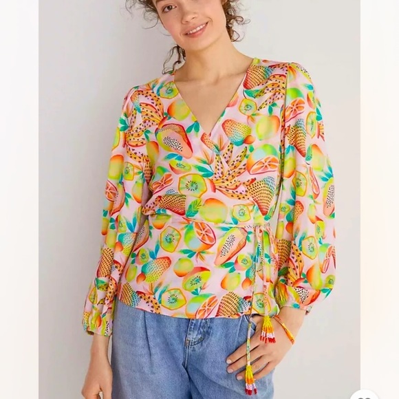 Anthropologie NWT Farm Rio Rainforest Tropical Fruits Wrap Blouse Size S. - Picture 2 of 14
